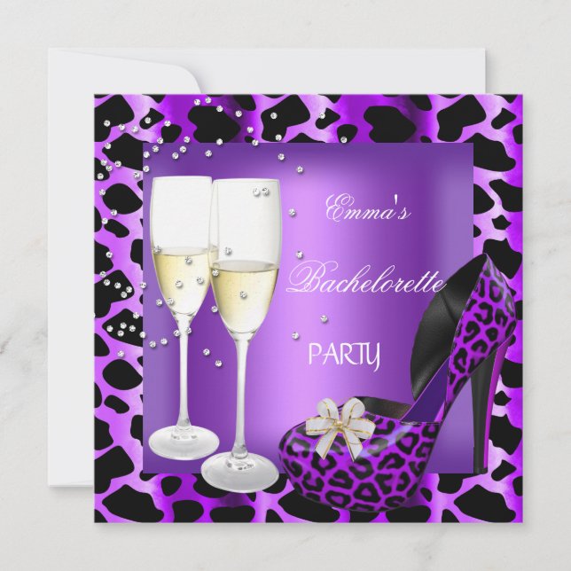 Bachelorette Party Purple Leopard Black Shoes Invitation (Front)