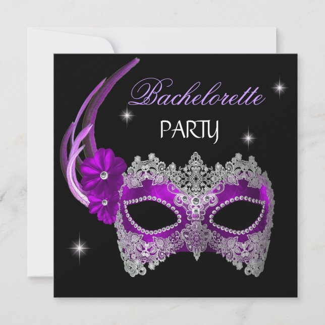 Bachelorette Party Purple Mask Black Invitation (Front)
