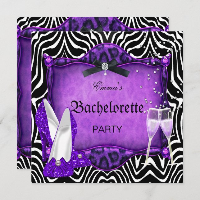 Bachelorette Party Purple Zebra Black Shoes Invitation (Front/Back)