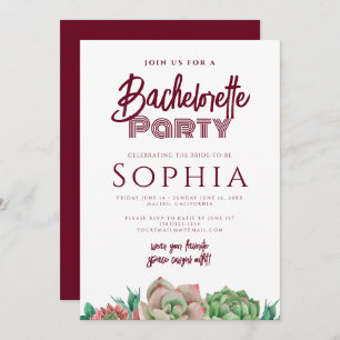Bachelorette Party Red Burgundy CACTUS Modern Invitation