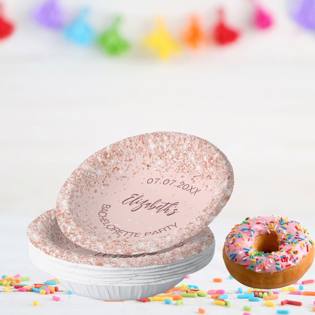 Bachelorette party rose gold confetti name paper plate (Creator Uploaded)