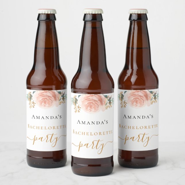 Bachelorette party rose gold floral eucalyptus beer bottle label (Bottles)