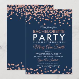 Bachelorette Party Rose Gold Glitter Confetti Navy Invitation