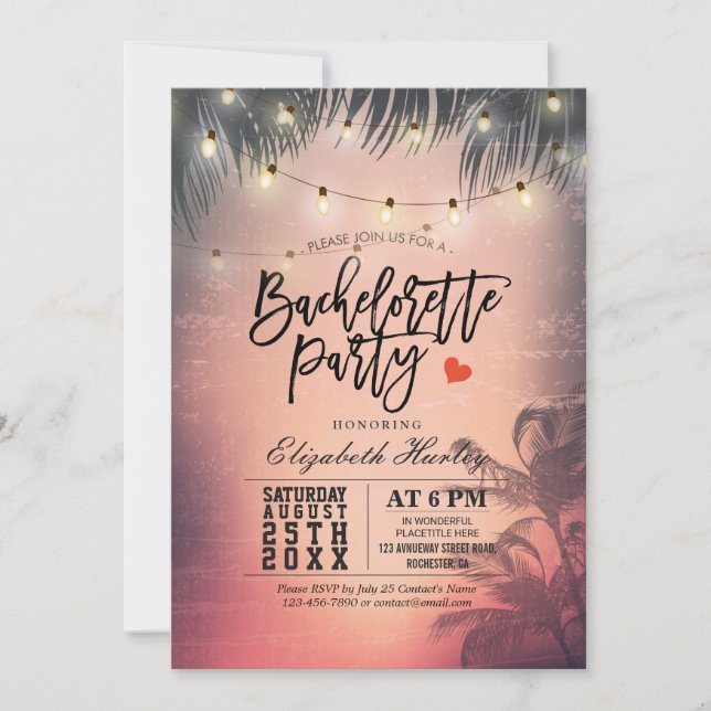 Bachelorette Party Summer Beach Palm Trees Lights Invitation (Front)