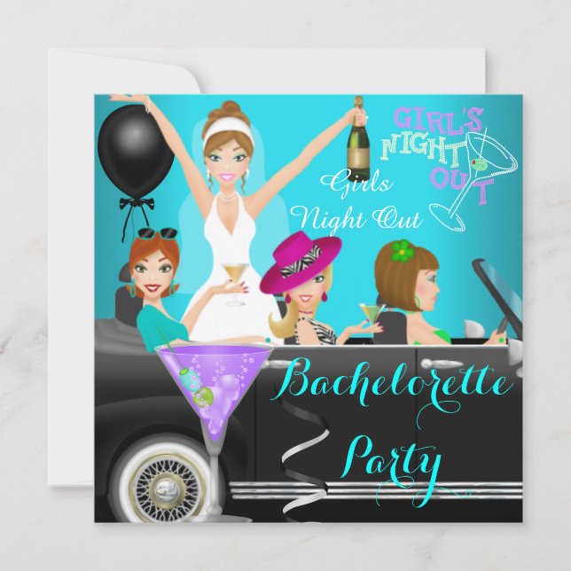 Bachelorette Party Teal Fun Limo Car Cocktails 1 Invitation (Front)