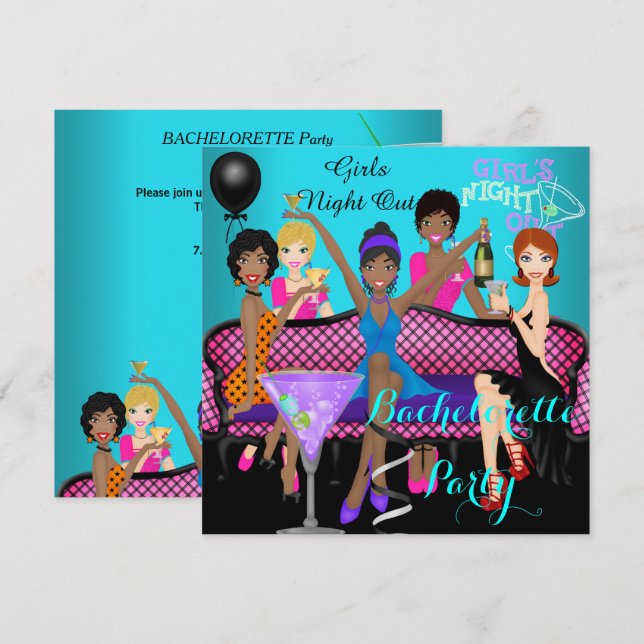 Bachelorette Party Teal Pink Fun Girls Cocktails 4 Invitation (Front/Back)