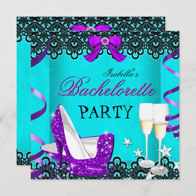 Bachelorette Party Teal Purple High Heel Champagne Invitation (Front/Back)