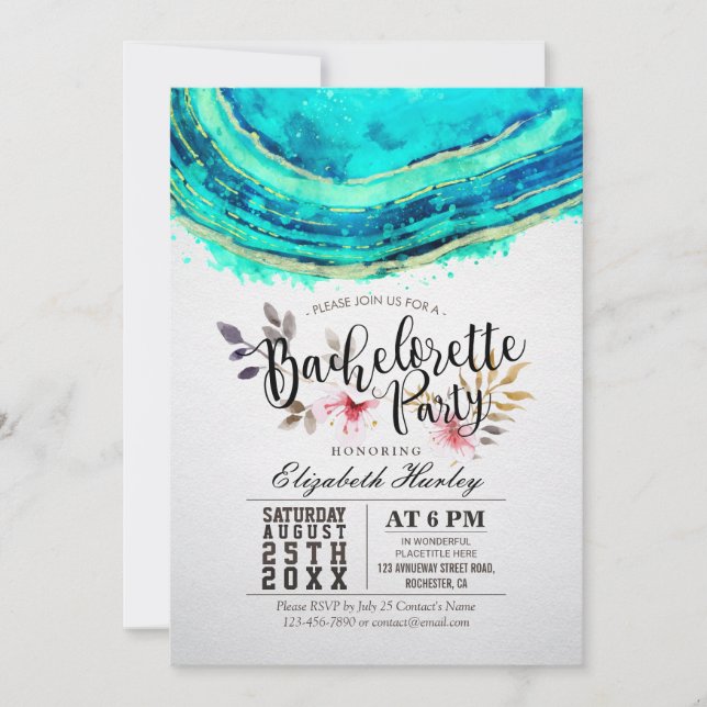 Bachelorette Party Watercolor Teal Gold Agate Geod Invitation (Front)