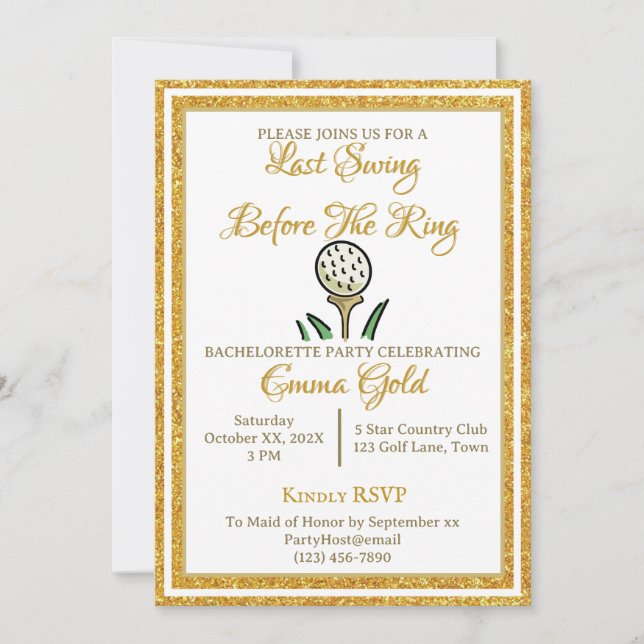 Bachelorette Party Wedding Golf Gold Glitter White Invitation (Front)