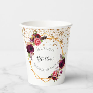 Bachelorette party white burgundy floral glitter paper cups