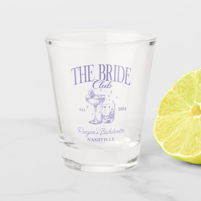Bachelorette Retro Cocktail Purple Bride Shot Glass (Front)
