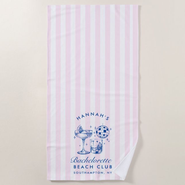 Bachelorette Retro Disco Cocktail Blue & Pink Beach Towel (Front)