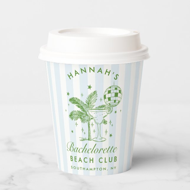 Bachelorette Retro Modern Blue & Green Stripes Paper Cups (Front)