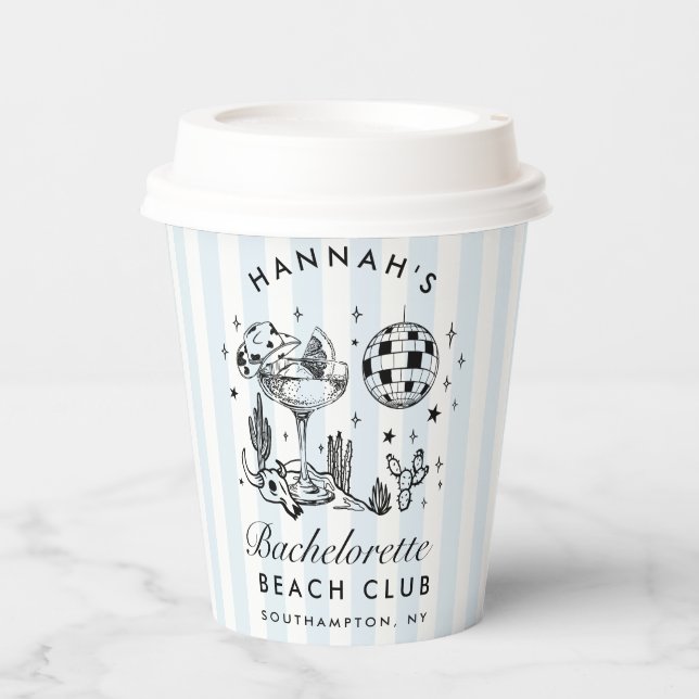 Bachelorette Retro Western Blue & Black Stripes Paper Cups (Front)