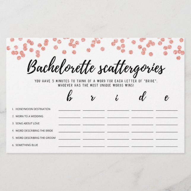 Bachelorette Scattergories editable Bridal game (Front)