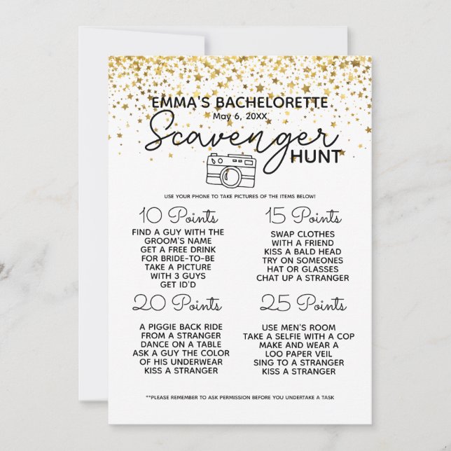 Bachelorette scavenger hunt game hen party invitation (Front)