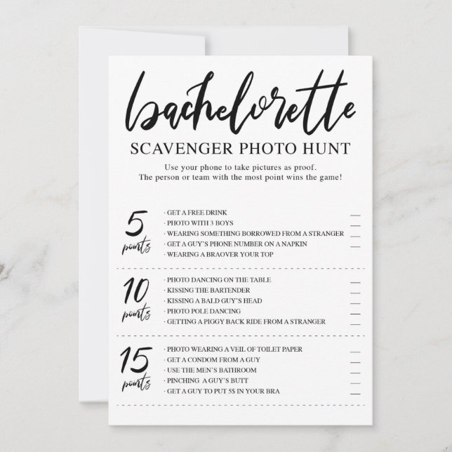 Bachelorette Scavenger photo hunt Game card (Front)