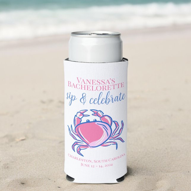 Bachelorette Sip & Celebrate Pink Crab Favour Seltzer Can Cooler (Creator Uploaded)