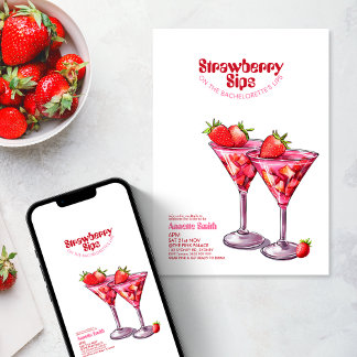 Bachelorette Strawberry Sips Cocktail Pink Party Invitation