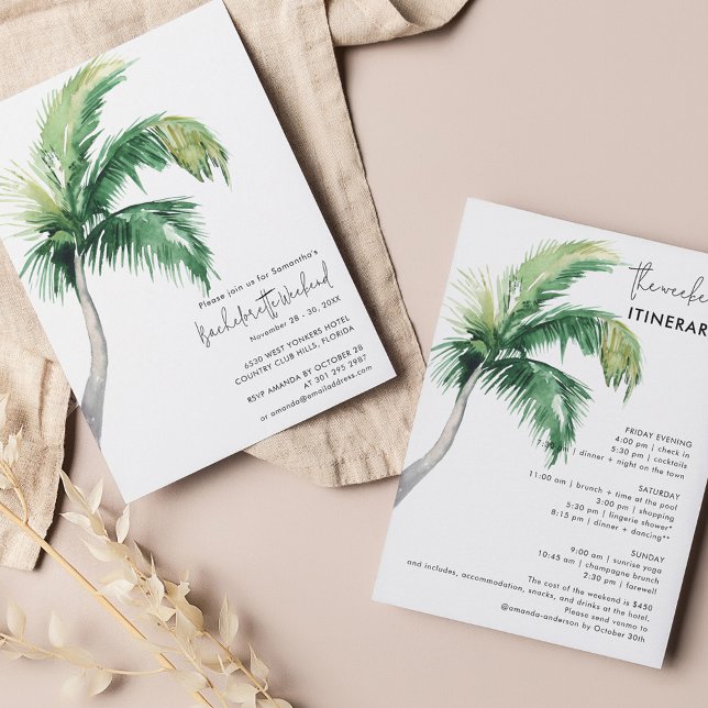 Bachelorette Weekend and Itinerary Invitation (Coastal Palm Tree Watercolor Bachelorette Party Invitation)