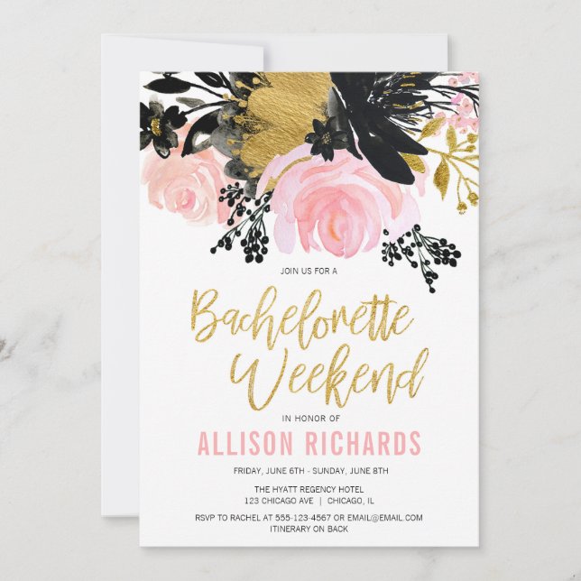 Bachelorette weekend blush pink black gold floral invitation (Front)