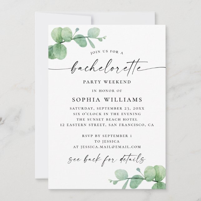 Bachelorette Weekend. Eucalyptus Elegant Itinerary Invitation (Front)