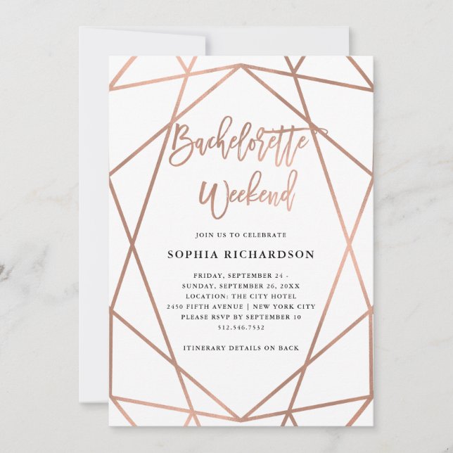 Bachelorette Weekend | Faux Rose Gold Geometric Invitation (Front)
