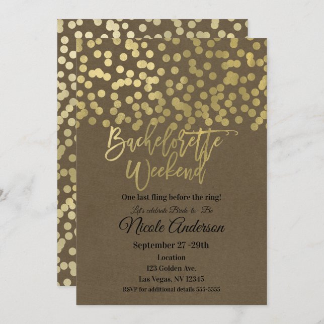 Bachelorette Weekend Gold Modern Chic Rustic Kraft Invitation (Front/Back)