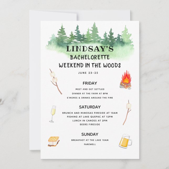 Bachelorette Weekend in the Woods Itinerary Invitation (Front)