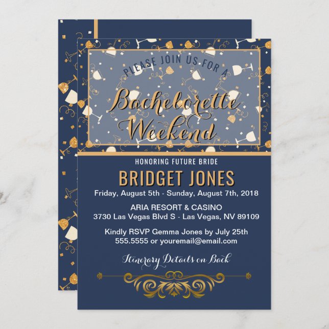 Bachelorette Weekend Itinerary Blue Gold Invitation (Front/Back)