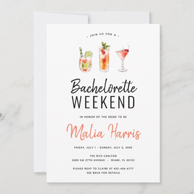 Bachelorette Weekend Itinerary Cocktail Drinks Invitation (Front)