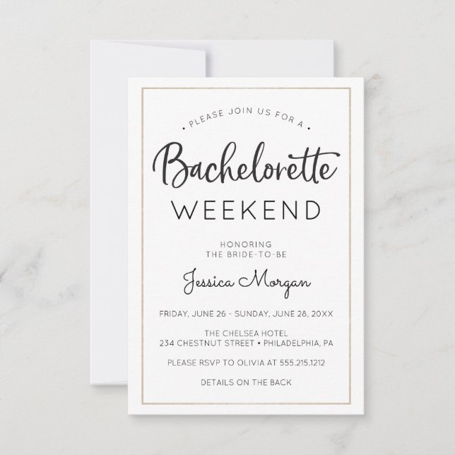 Bachelorette Weekend Itinerary Gold Frame Invitation (Front)