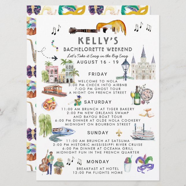 Bachelorette Weekend Itinerary | New Orleans  Invitation (Front/Back)
