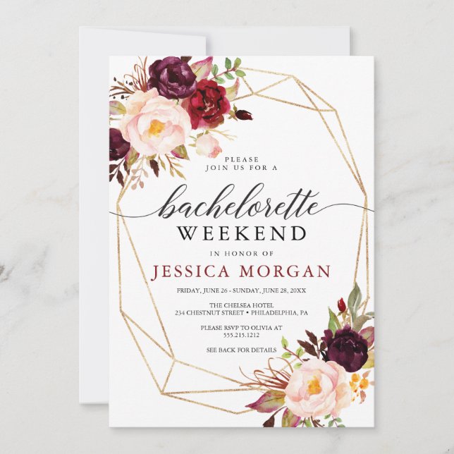 Bachelorette Weekend Itinerary Rustic Burgundy Invitation (Front)