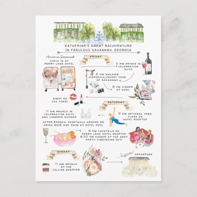 Bachelorette Weekend Itinerary | Savannah, Georgia Invitation Postcard (Front)
