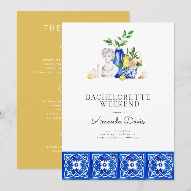 Bachelorette Weekend Lemon Mediterranean Tiles Invitation (Front/Back)