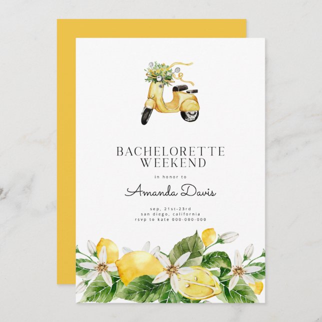 Bachelorette Weekend Lemon Mediterranean Yellow  Invitation (Front/Back)