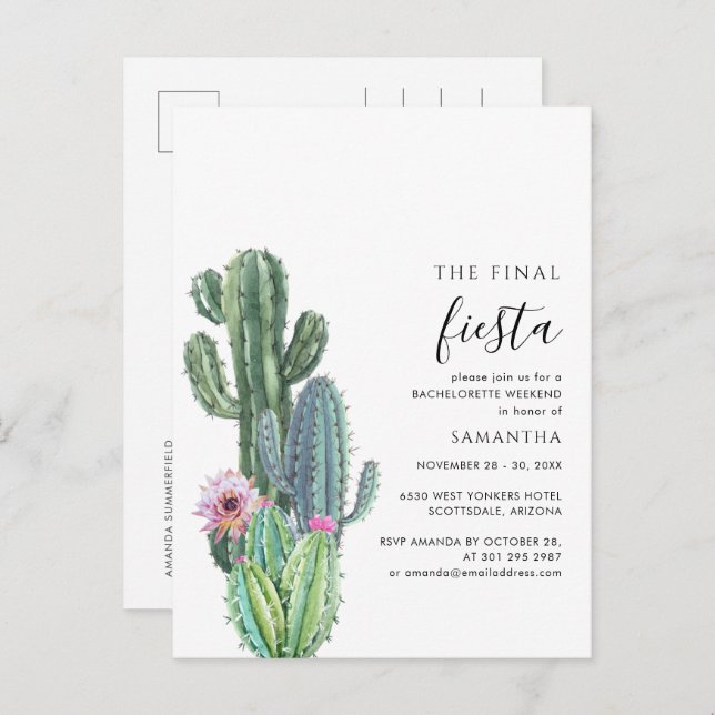 Bachelorette Weekend Party Cactus Succulents Invitation Postcard (Front/Back)