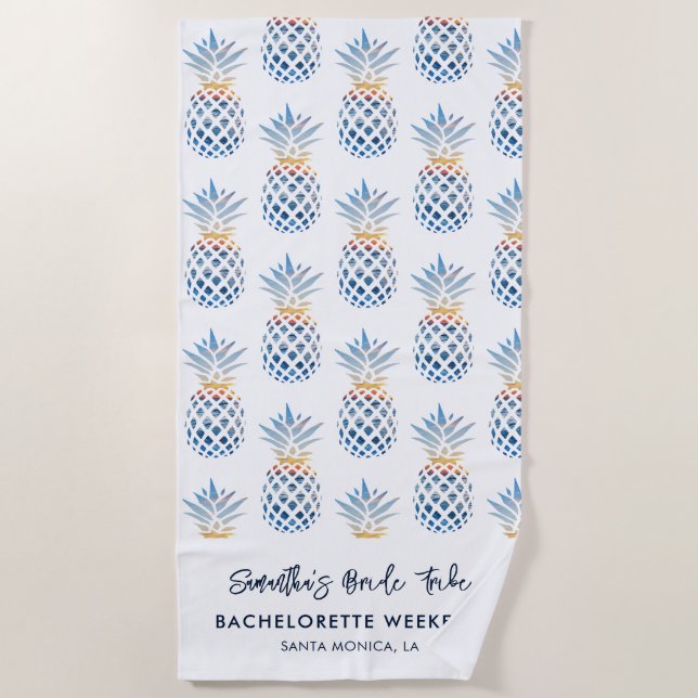 Bachelorette Weekend White Blue Pineapple Beach Towel (Front)