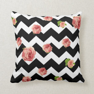 Back and white Chevron roses Throw Pillow