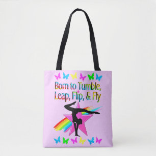 BACK FLIPPING GYMNASTICS GIRL RAINBOW DESIGN TOTE BAG