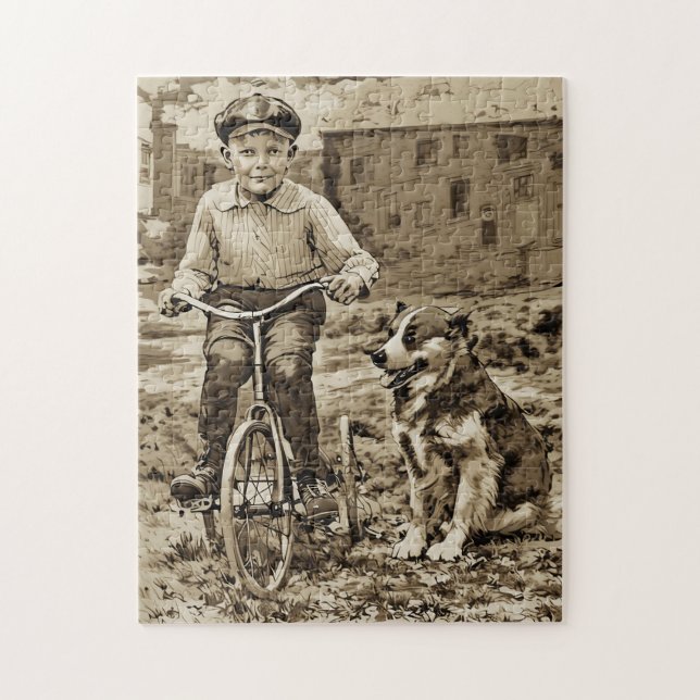 Back In The Day Boy on Bike With Dog Jigsaw Puzzle (Vertical)