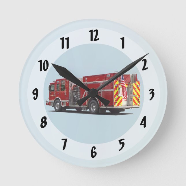 Back of Fire Engine With American Flag Round Clock (Front)