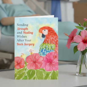 Back Surgery Healing Scarlet Macaws, Hibiscus Card