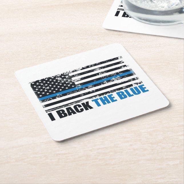 Back the Blue Thin blue line USA Flag Square Paper Coaster (Angled)