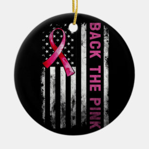 Back The Pink Ribbon American Flag Breast Cancer Ceramic Tree Decoration