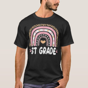 Back To School 1st Grade Rainbow Leopard Pink Hear T-Shirt