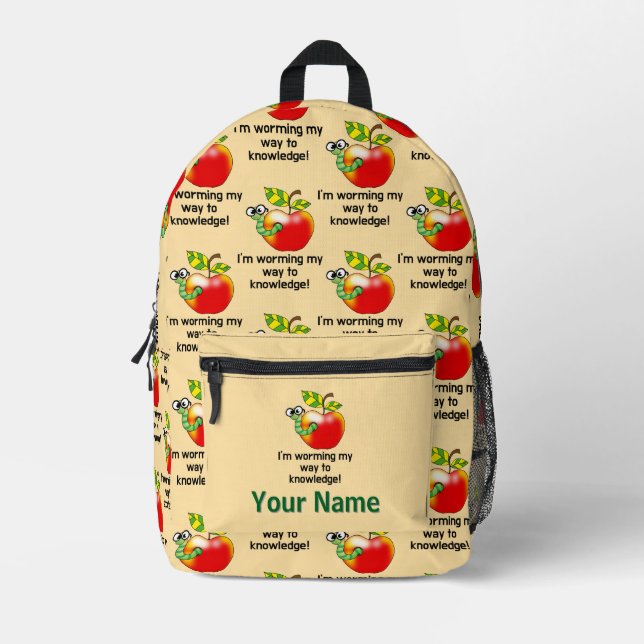 Back to School Apple & Worm (add name) Printed Backpack (Front)