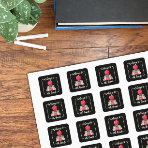 Back-to-School Books Apple Square Black Stickers