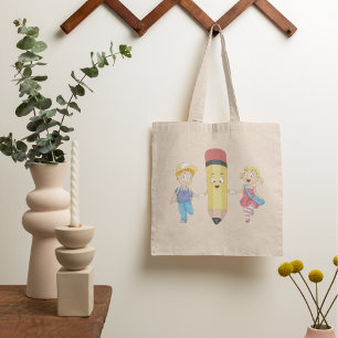 Back to School Cartoon Happy Pencil and Kids  Tote Bag
